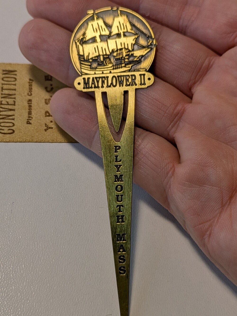 Antique Plymouth MA Souvenir Lot - 1897 Silk Ribbon, Brass Mayflower II Bookmark - Picture 3 of 13